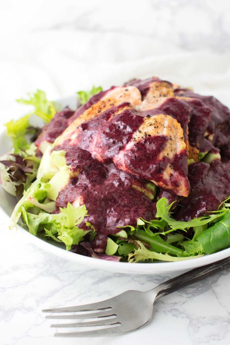 Salmon Salad with Ginger-Blueberry Dressing recipe from acleanplate.com #paleo #aip #glutenfree
