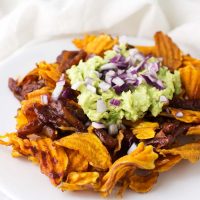 BBQ Jackfruit Sweet Potato Nachos Recipe from acleanplate.com #paleo #aip #autoimmuneprotocol