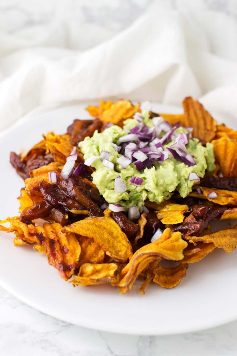 BBQ Jackfruit Sweet Potato Nachos Recipe from acleanplate.com #paleo #aip #autoimmuneprotocol